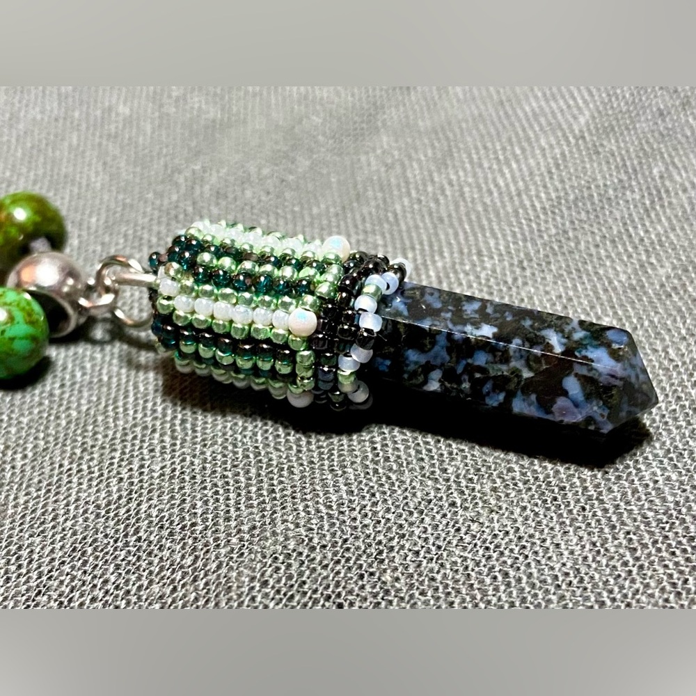 Beaded Gabbro Point Pendant Necklace Hand Crafted Green Black